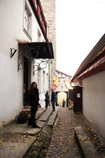In Tallinn, A Woman Stands On A Cobblestone Street.